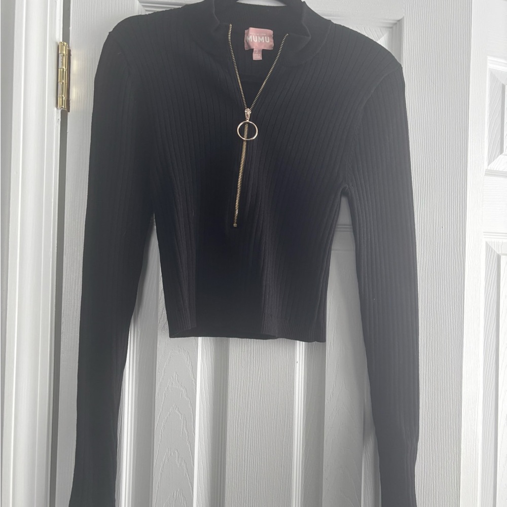 Show Me Your MuMu Black Ribbed Zip up cropped sweater